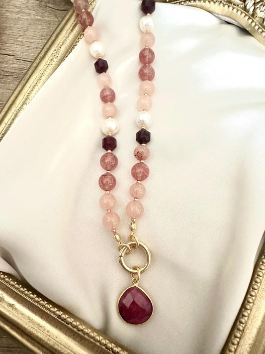 Garnet, Strawberry Quartz & Pearl Necklace – Ruby Drop Pendant