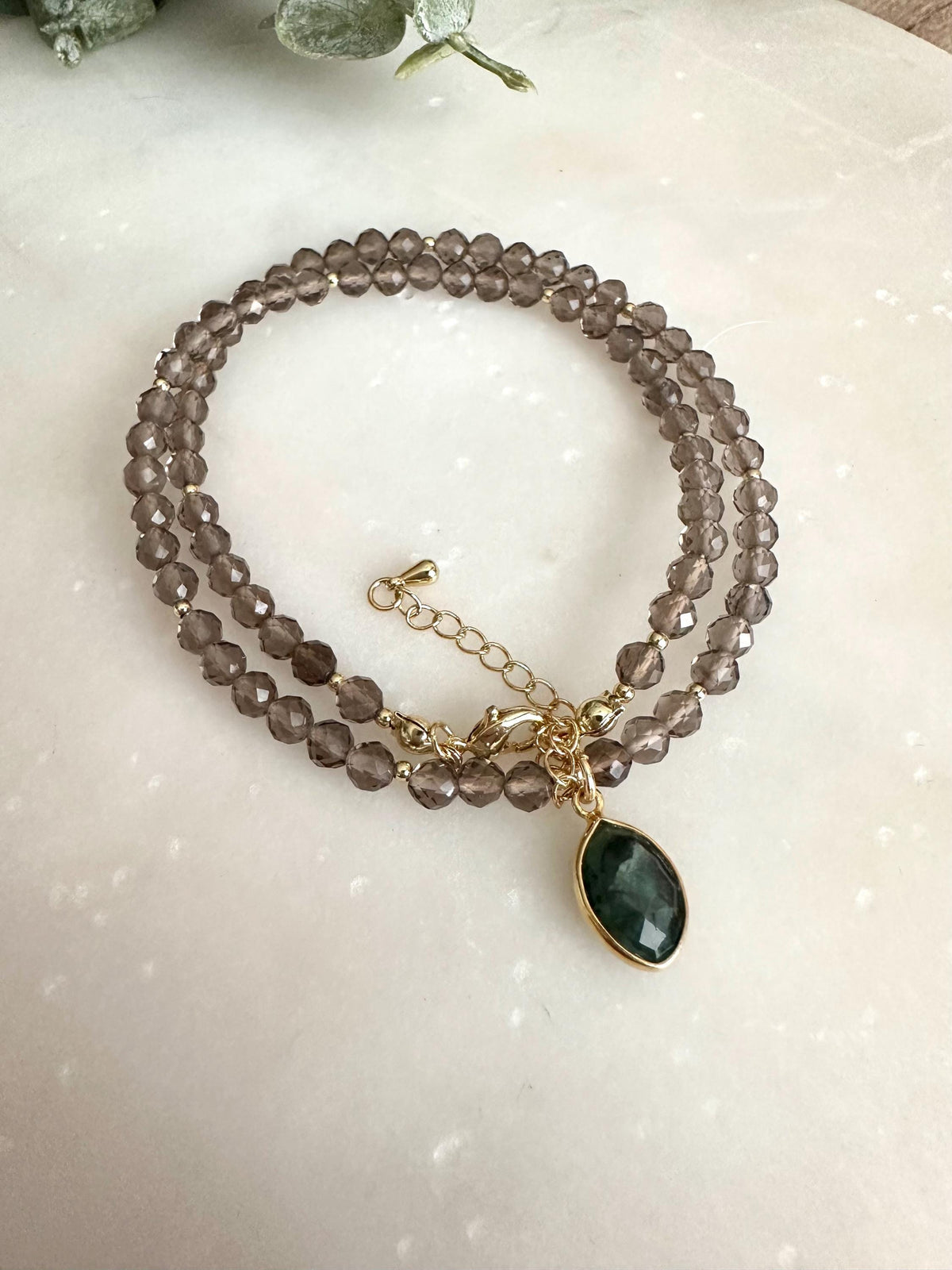 Smokey Quartz Beaded Necklace • Raw Emerald Marquis Pendant, Gold Filled