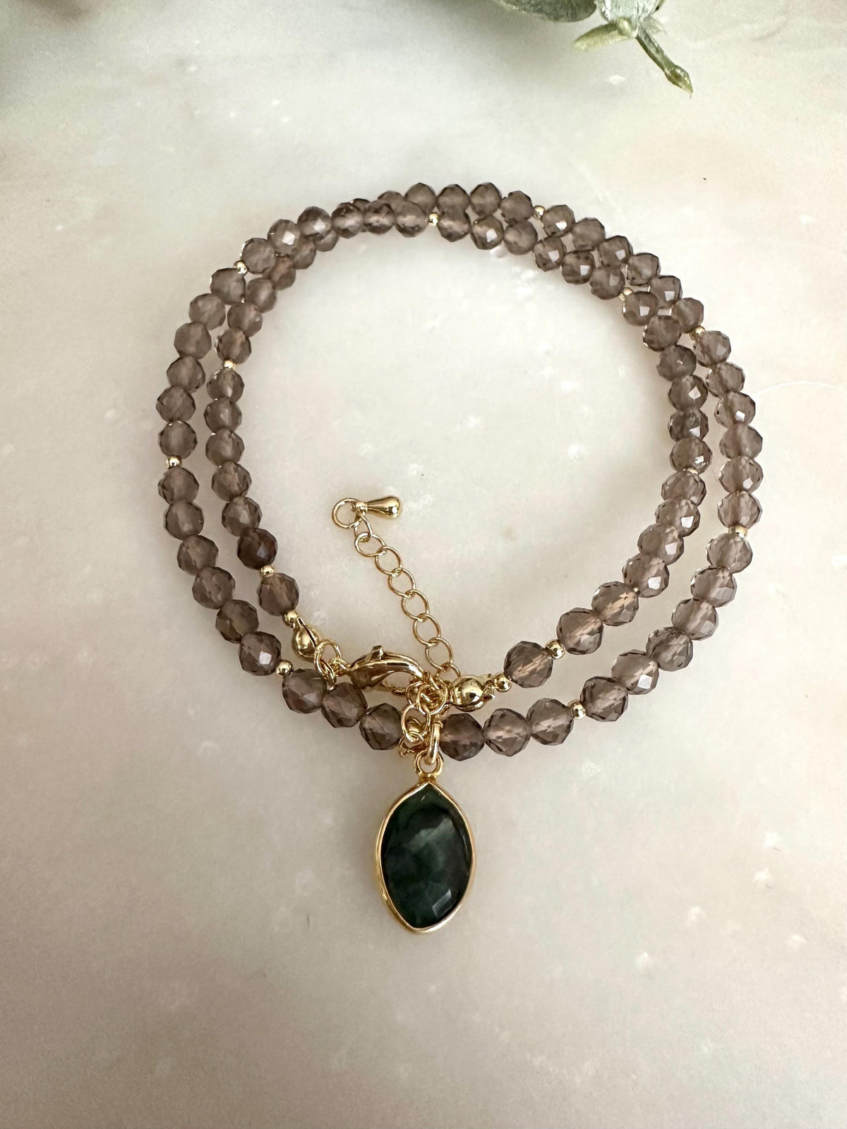 Smokey Quartz Beaded Necklace • Raw Emerald Marquis Pendant, Gold Filled