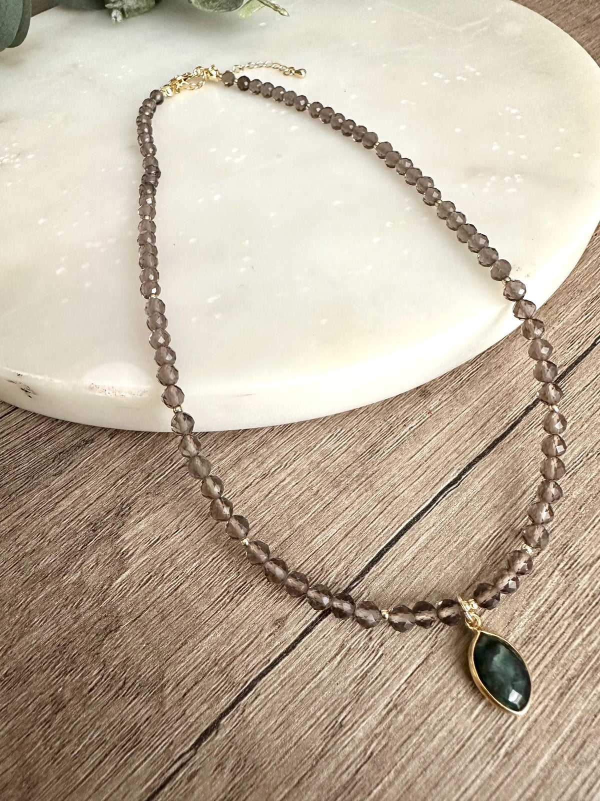 Smokey Quartz Beaded Necklace • Raw Emerald Marquis Pendant, Gold Filled