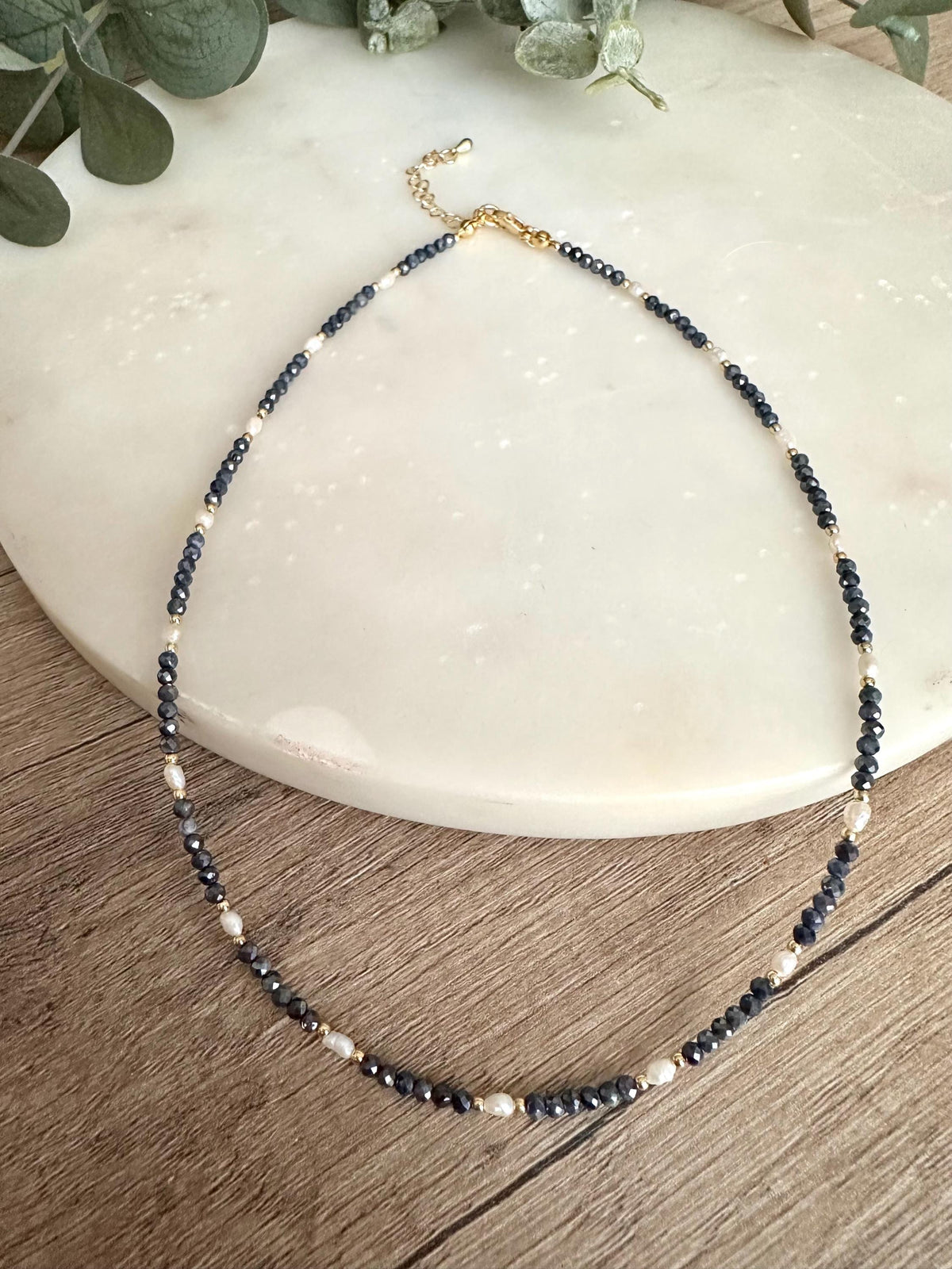 Blue Sapphire & Pearl Necklace – Delicate Faceted Sapphire Beads with Freshwater Pearls, Timeless Minimal Jewelry