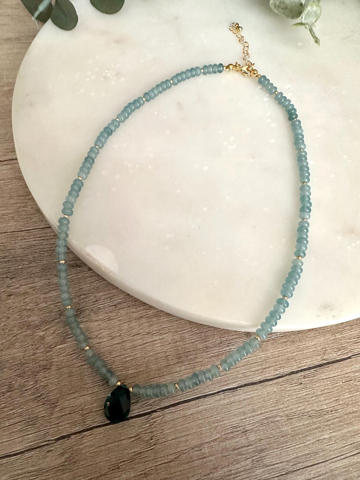 Light Teal Jade Beaded Necklace with Teal Quartz Drop Pendant