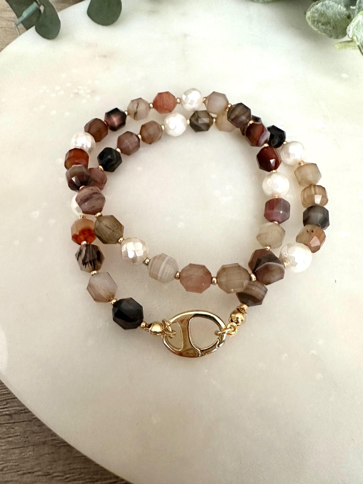Brown Banded Agate Beaded Necklace with Faceted Shell Pearls