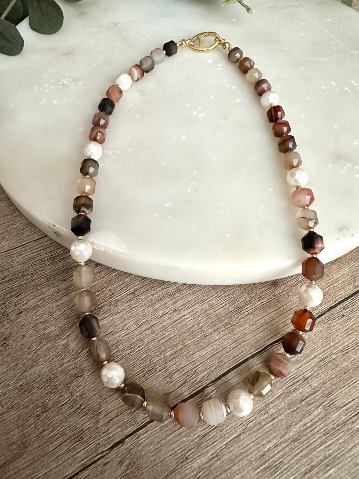 Brown Banded Agate Beaded Necklace with Faceted Shell Pearls