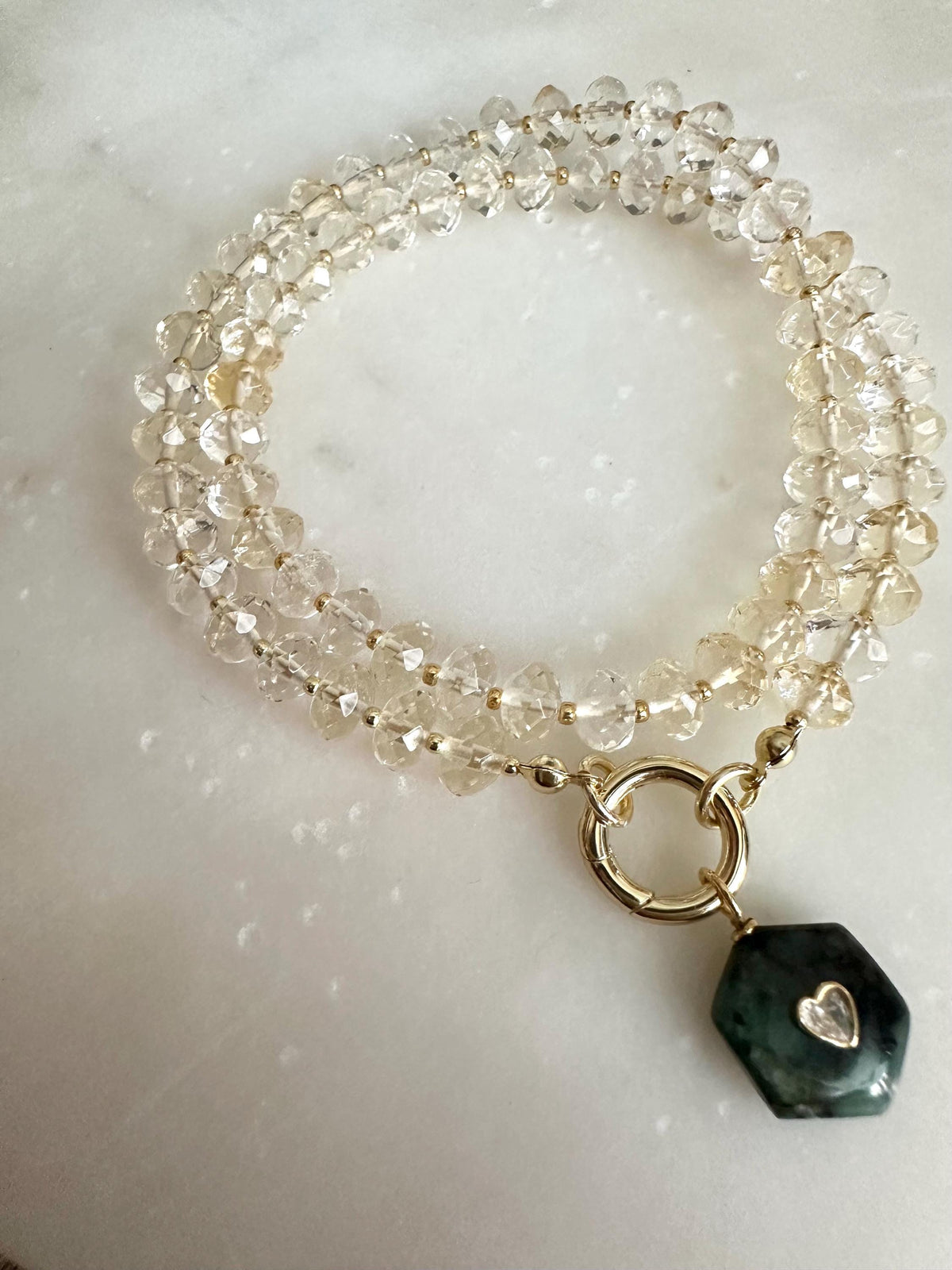 Citrine Gemstone Necklace with Emerald Heart Inlay Pendant, Gold Carabiner Clasp, Handmade Jewelry