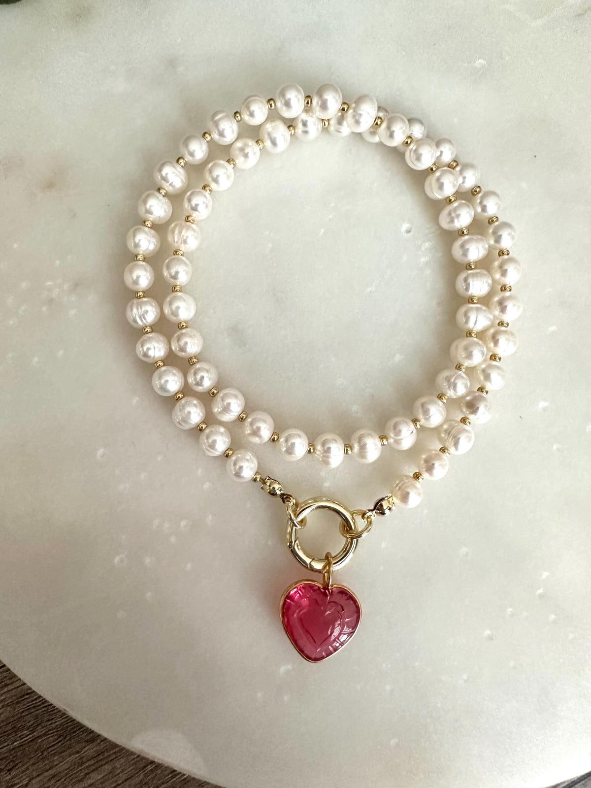 Freshwater Pearl Necklace with Pink Heart Charm, Gold Carabiner Clasp, Valentine’s Day Romantic Jewelry Gift