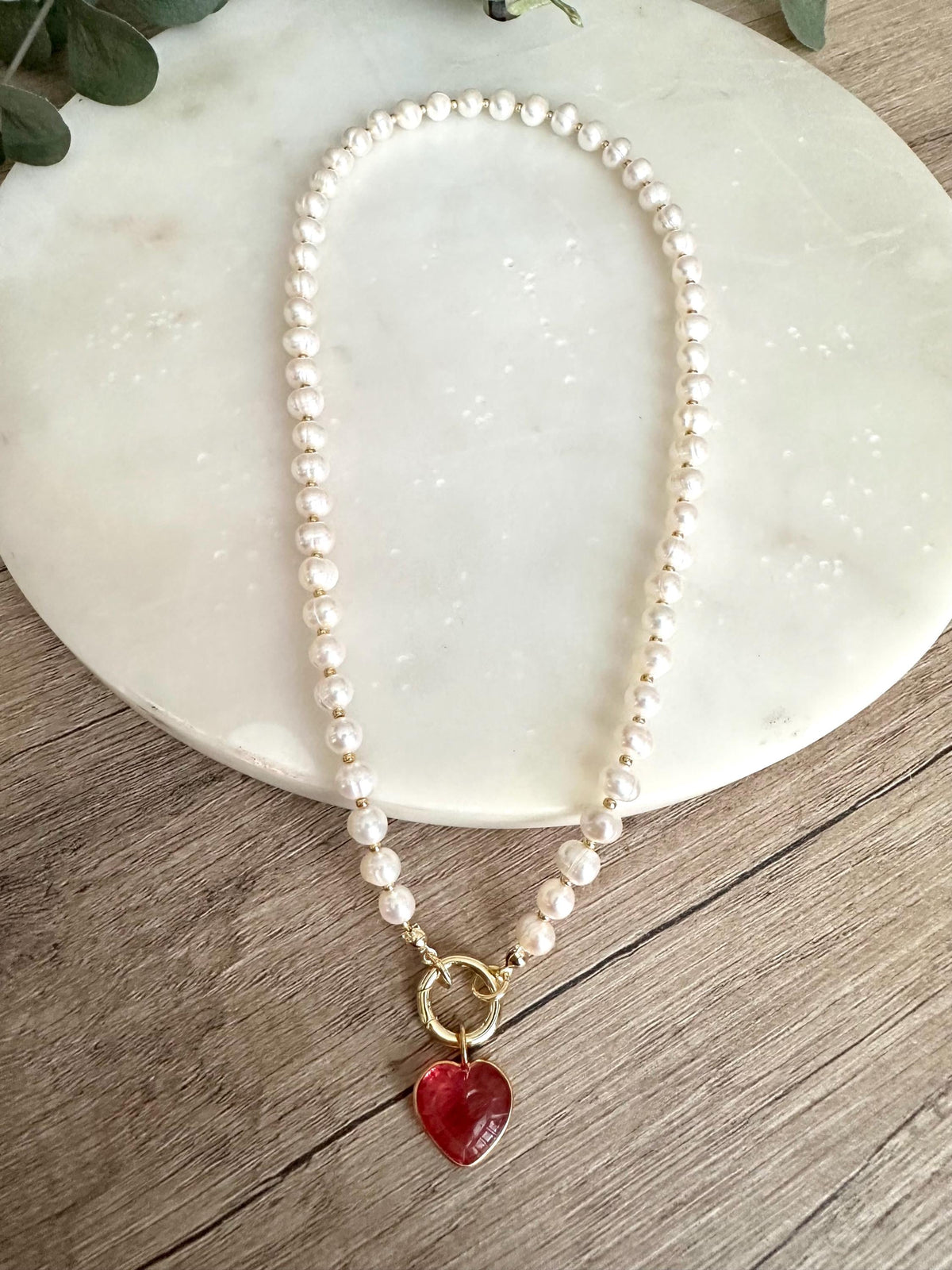 Freshwater Pearl Necklace with Pink Heart Charm, Gold Carabiner Clasp, Valentine’s Day Romantic Jewelry Gift