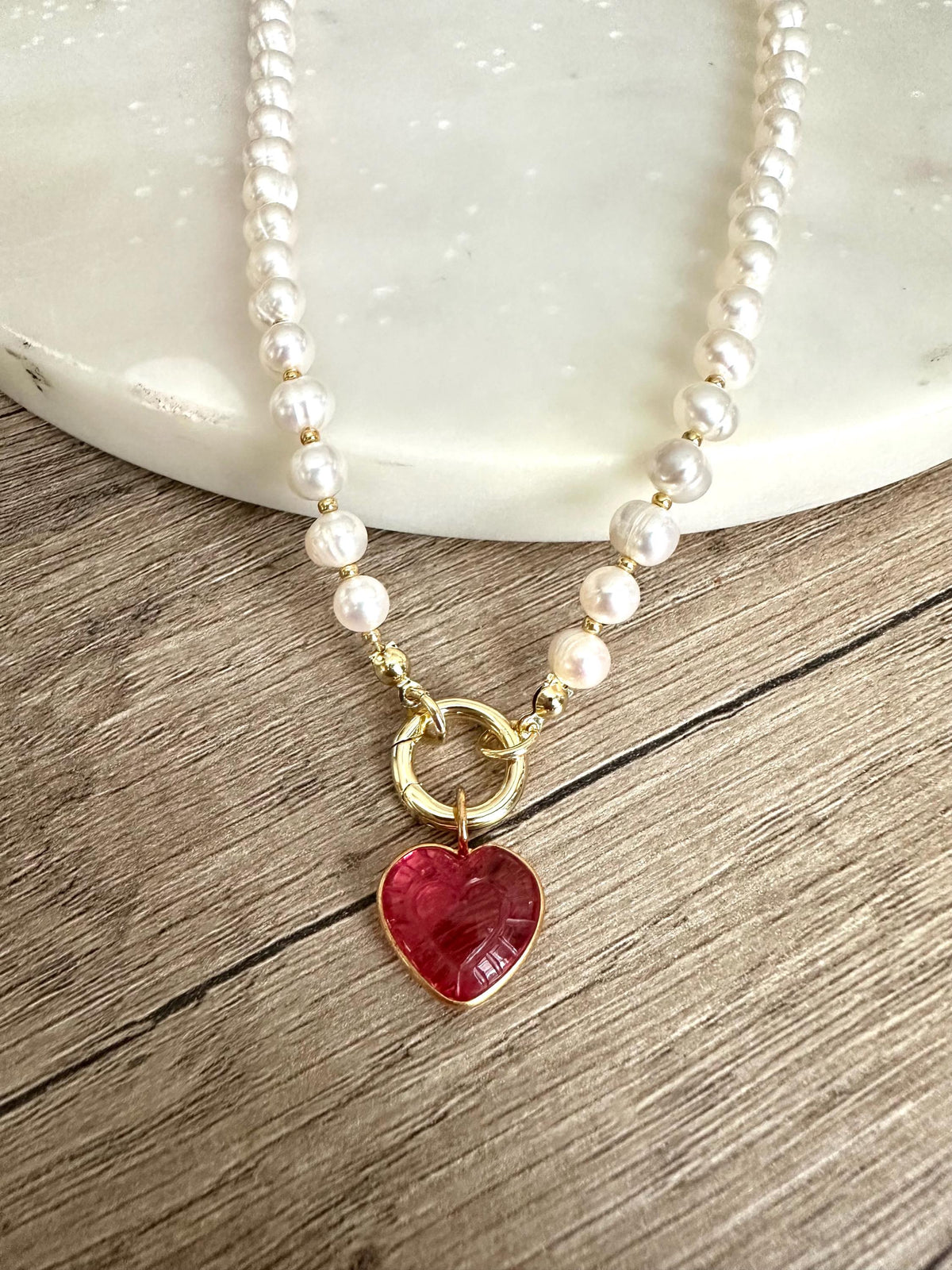 Freshwater Pearl Necklace with Pink Heart Charm, Gold Carabiner Clasp, Valentine’s Day Romantic Jewelry Gift