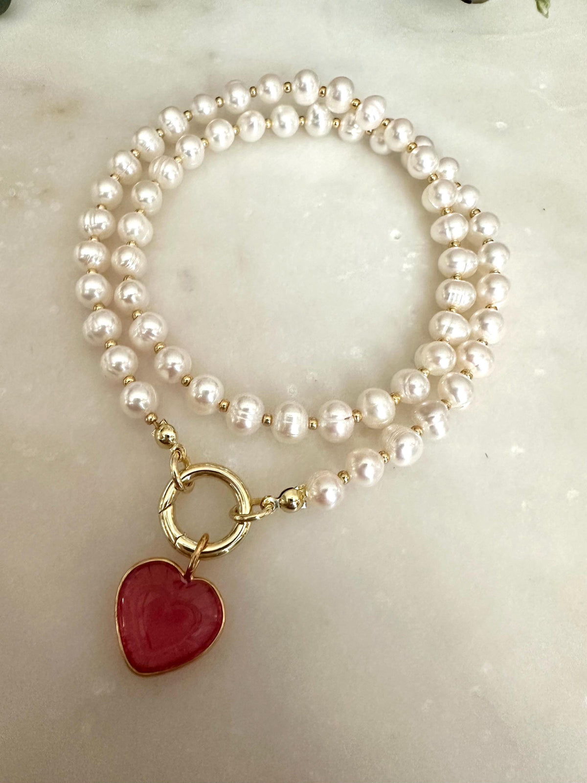 Freshwater Pearl Necklace with Pink Heart Charm, Gold Carabiner Clasp, Valentine’s Day Romantic Jewelry Gift
