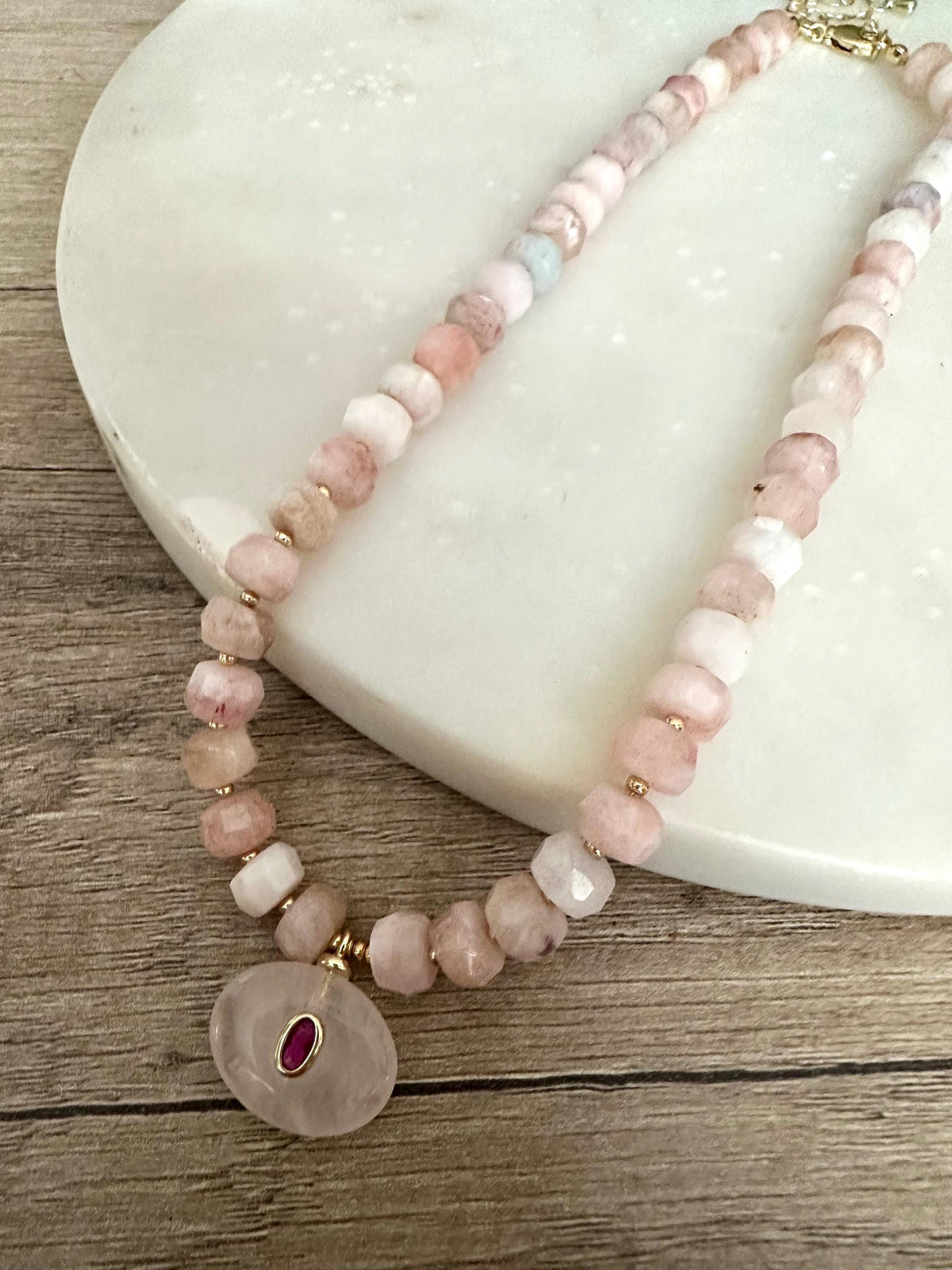 Morganite and Rose Quartz Necklace, Pink Gemstone Beaded Necklace, Handmade Romantic Jewelry, Gold Filled, Gift for Her