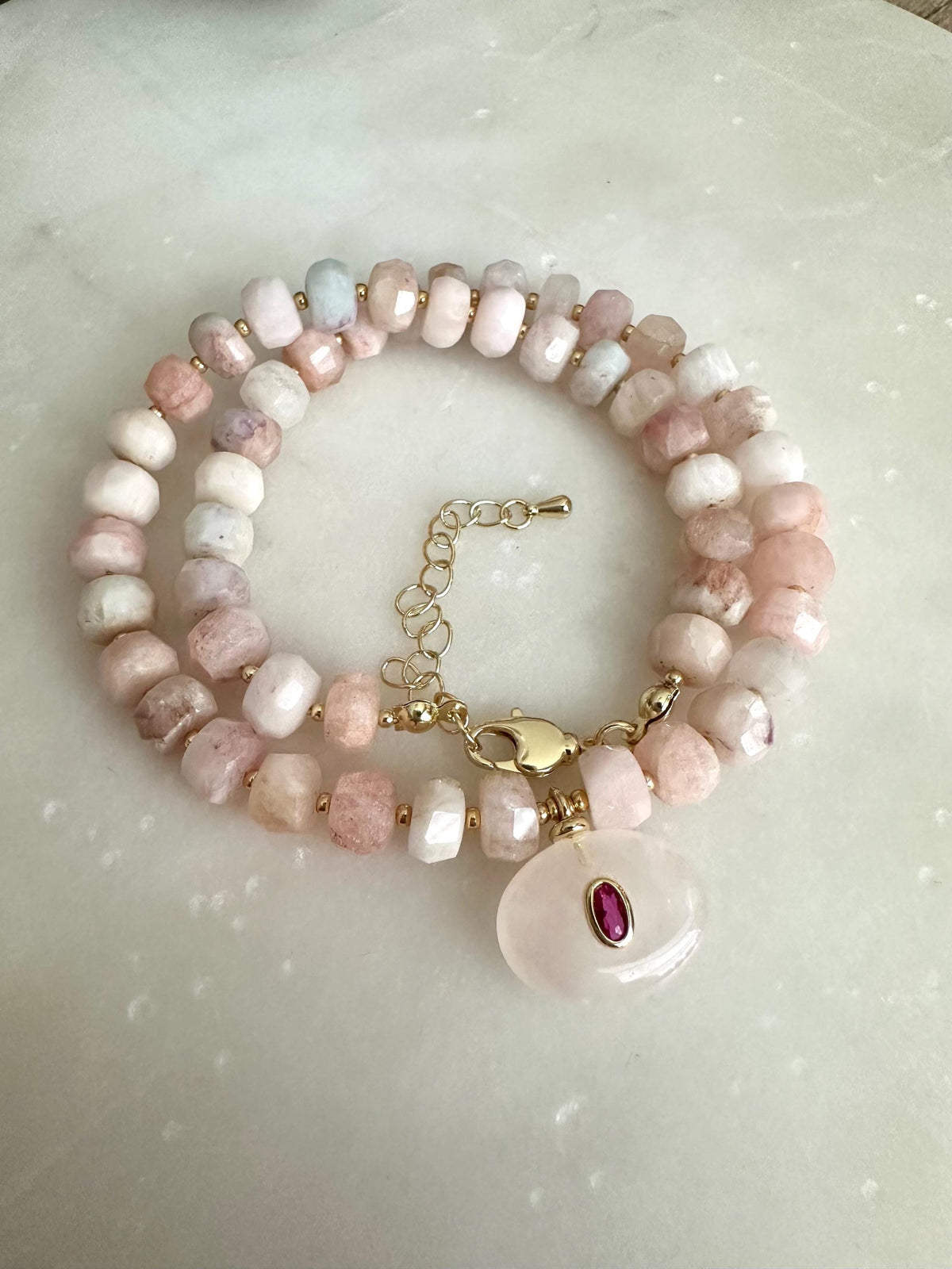Morganite and Rose Quartz Necklace, Pink Gemstone Beaded Necklace, Handmade Romantic Jewelry, Gold Filled, Gift for Her