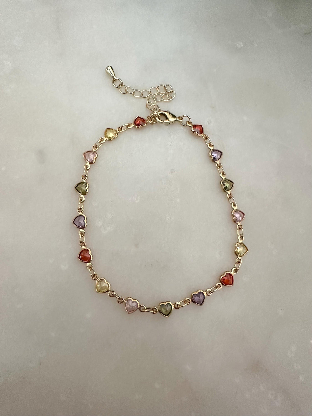 Gold Filled Multicolor CZ Heart Link Bracelet | Dainty Chain