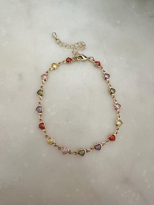 Gold Filled Multicolor CZ Heart Link Bracelet | Dainty Chain