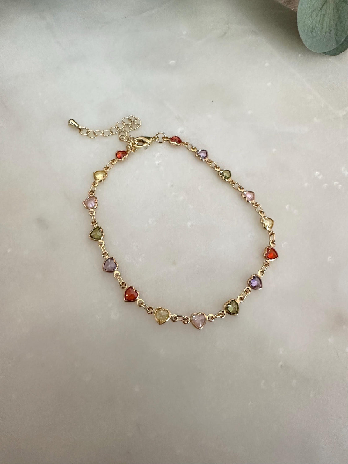 Gold Filled Multicolor CZ Heart Link Bracelet | Dainty Chain