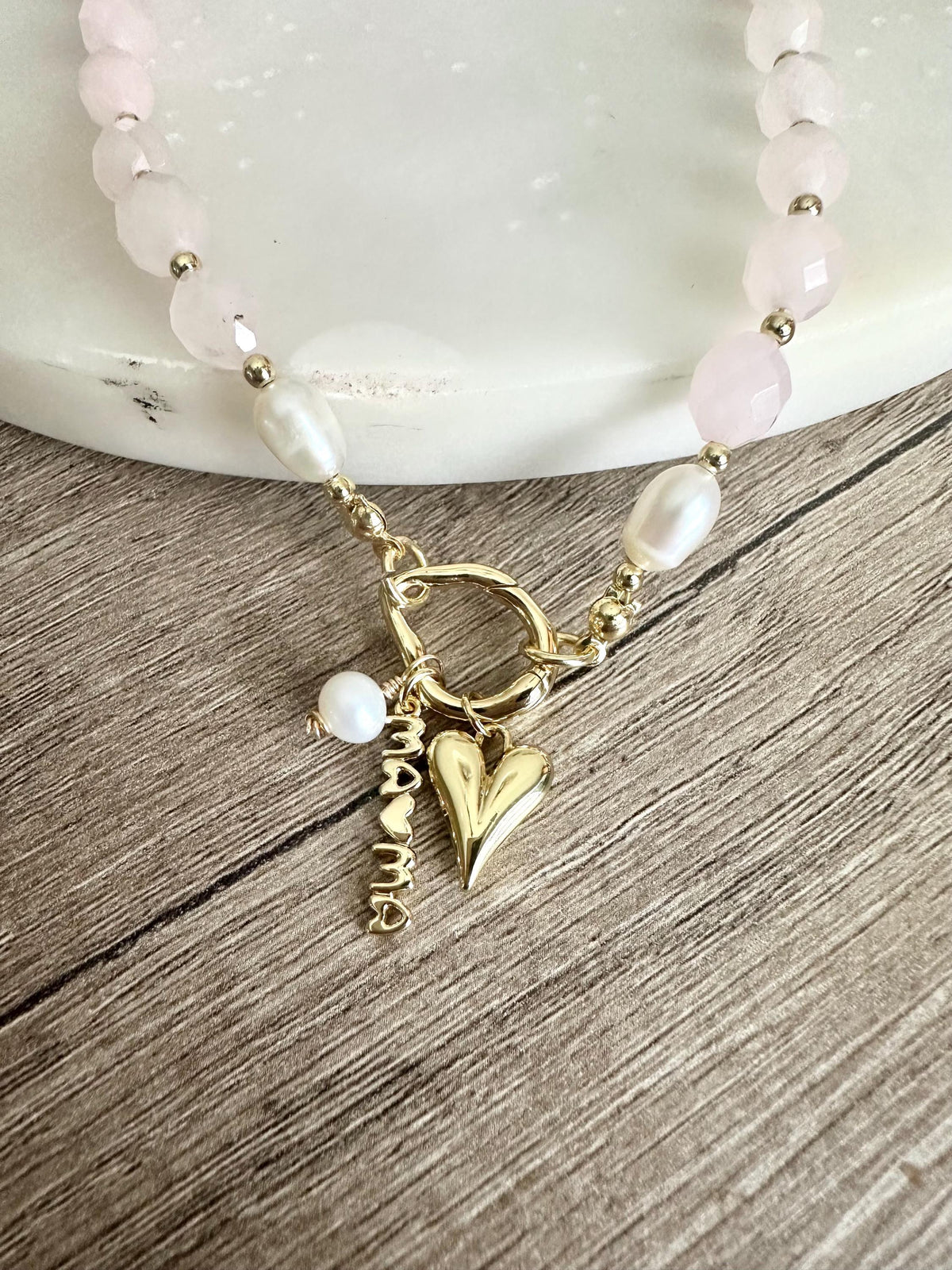 Rose Jade & Freshwater Pearl Necklace, Mama Charm Necklace, Gold Filled Carabiner Necklace, Mother’s Day Gift, Handmade Jewelry