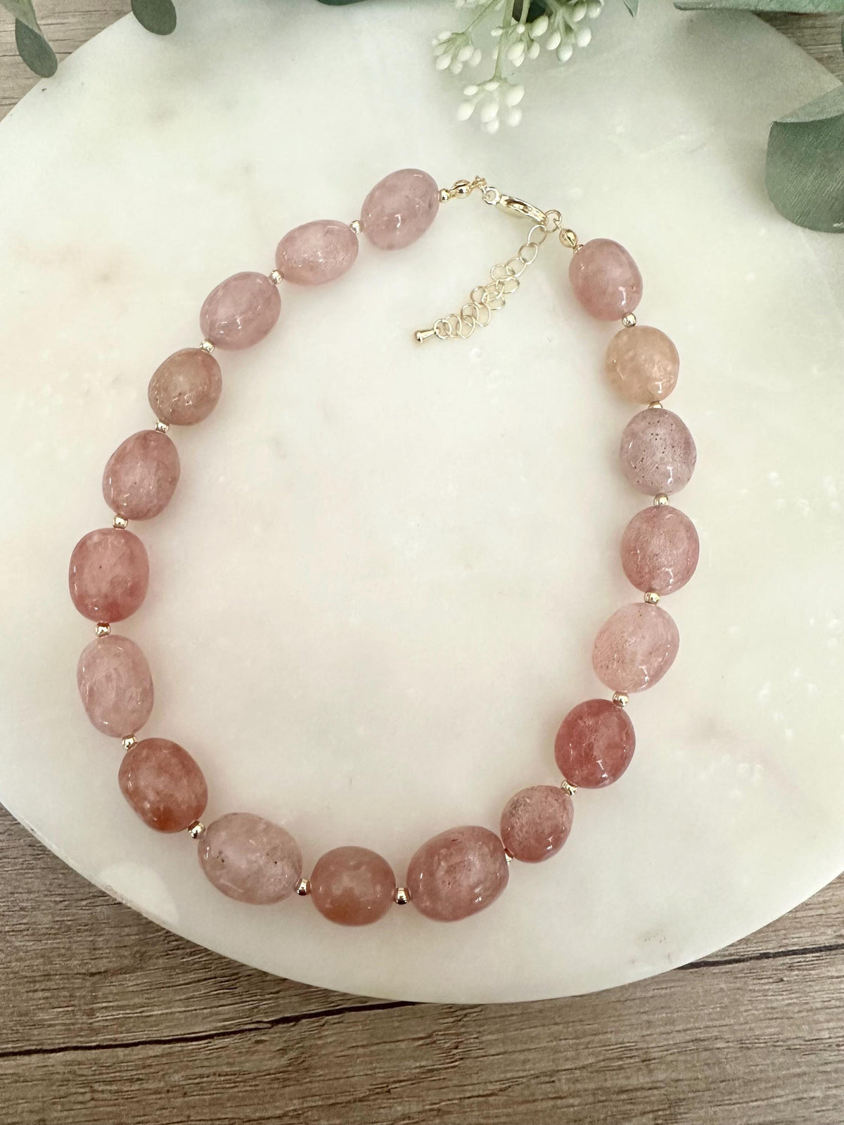 Strawberry Quartz Choker Necklace, Pink Gemstone Jewelry, Gold Filled Beaded Necklace, Everyday Minimal Necklace