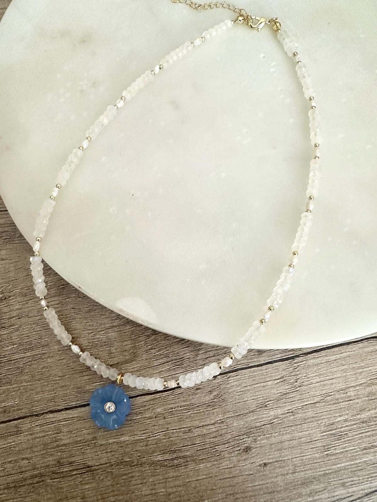 White Moonstone Necklace with Blue Opal Flower Pendant |  Gemstone Beaded Necklace