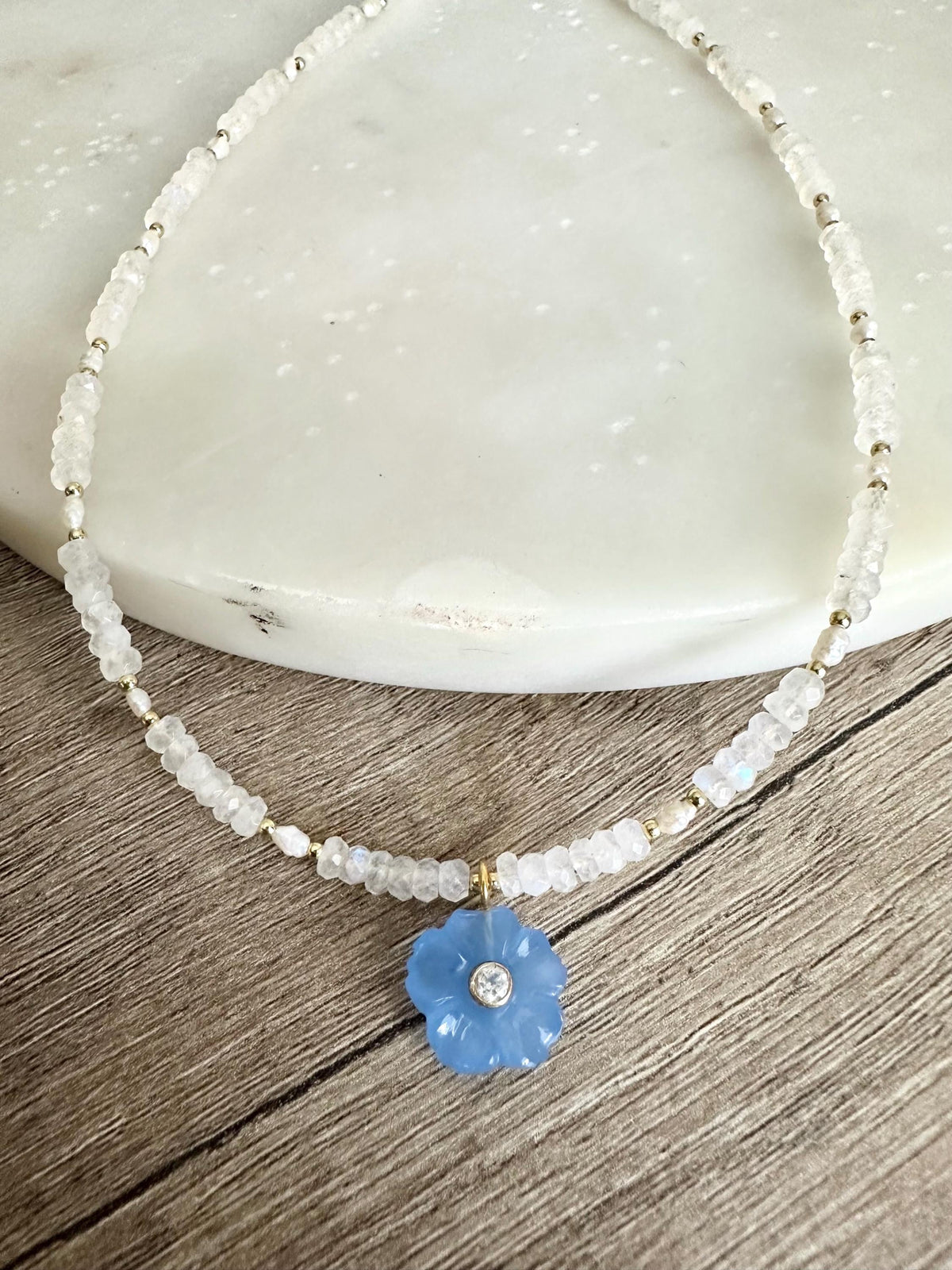 White Moonstone Necklace with Blue Opal Flower Pendant |  Gemstone Beaded Necklace