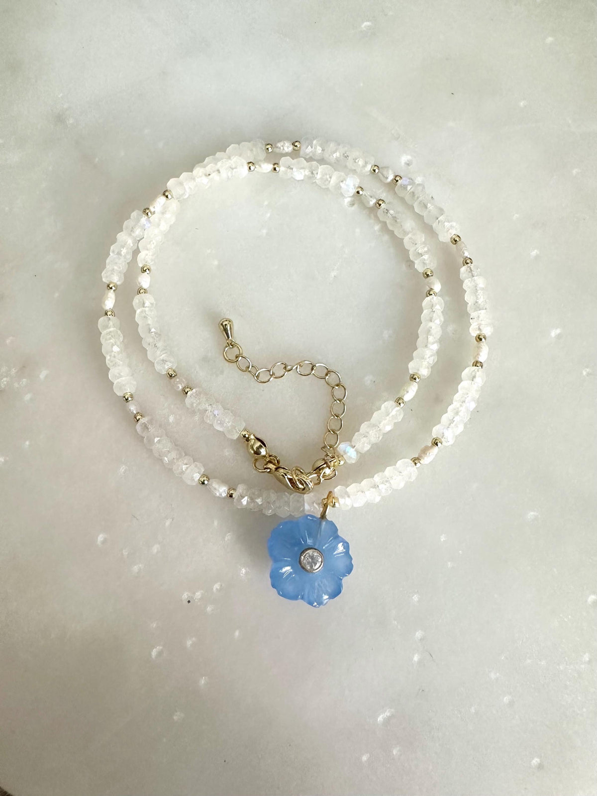 White Moonstone Necklace with Blue Opal Flower Pendant |  Gemstone Beaded Necklace