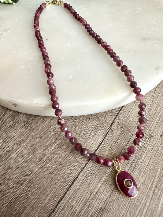Red Tourmaline Beaded Necklace with Ruby Pendant, Gold Filled Necklace, Handmade Gemstone Jewelry