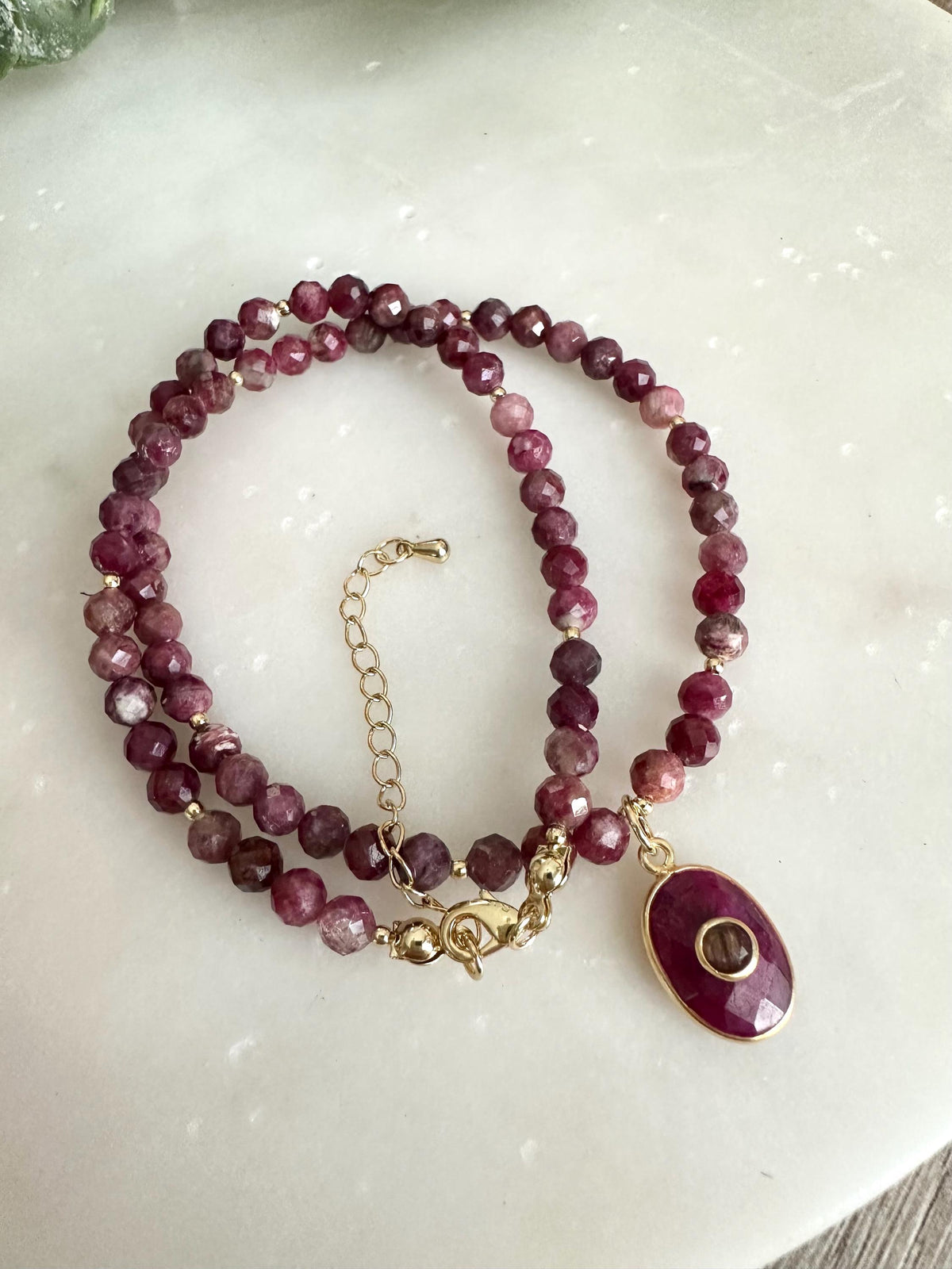 Red Tourmaline Beaded Necklace with Ruby Pendant, Gold Filled Necklace, Handmade Gemstone Jewelry