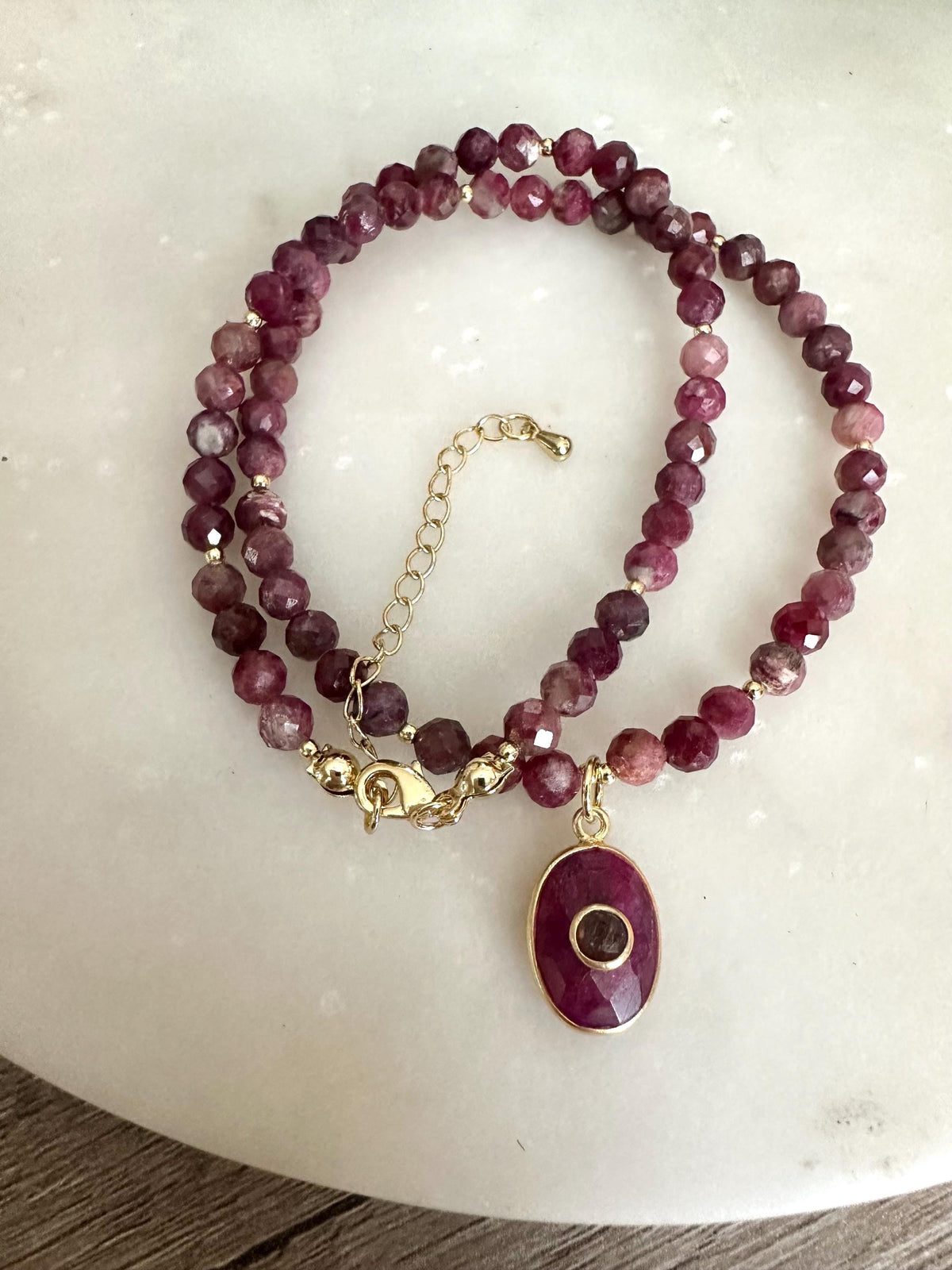 Red Tourmaline Beaded Necklace with Ruby Pendant, Gold Filled Necklace, Handmade Gemstone Jewelry