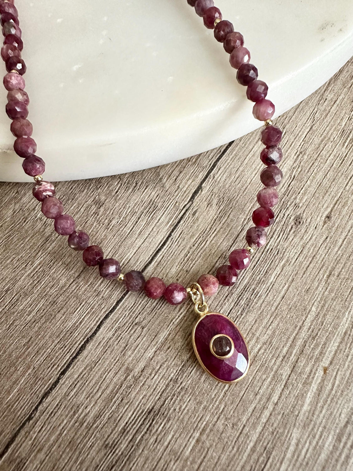 Red Tourmaline Beaded Necklace with Ruby Pendant, Gold Filled Necklace, Handmade Gemstone Jewelry