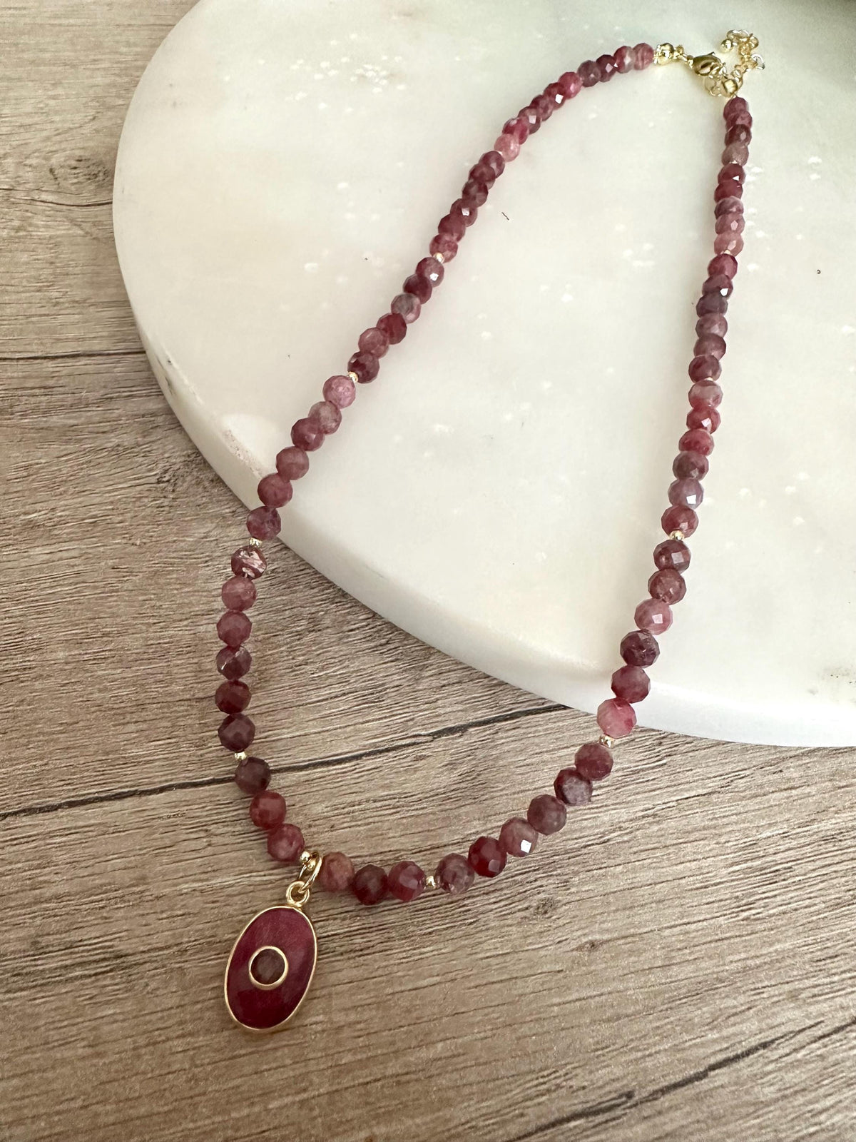 Red Tourmaline Beaded Necklace with Ruby Pendant, Gold Filled Necklace, Handmade Gemstone Jewelry