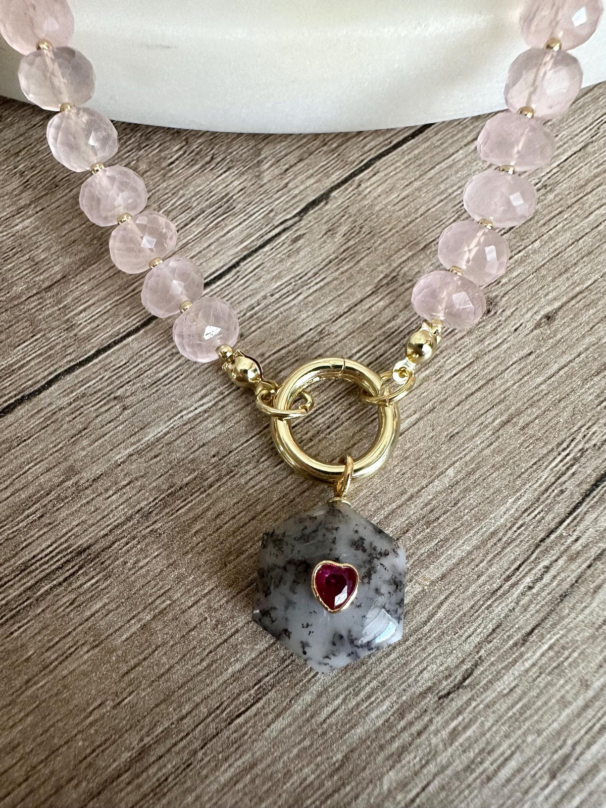 Rose Quartz Micro Faceted Necklace with Dendrite Opal Pendant, Gold Filled Crystal Necklace, Romantic Gemstone Jewelry