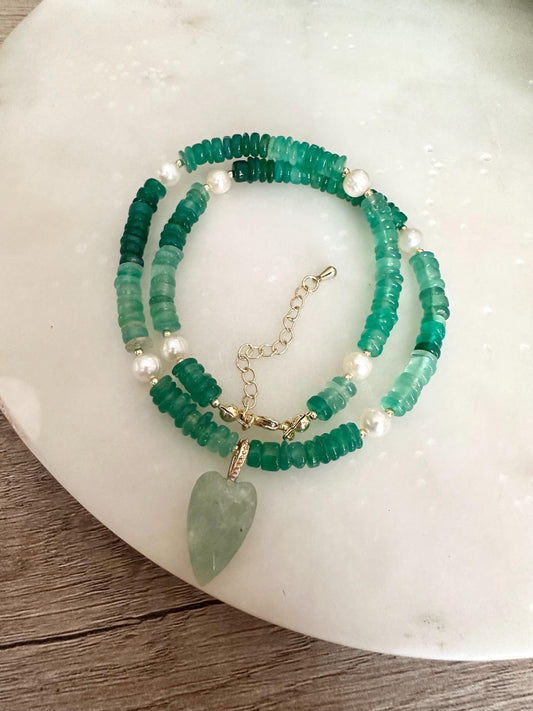 Natural Green Onyx Heishi Beaded Necklace with Freshwater Pearls and Aventurine Heart