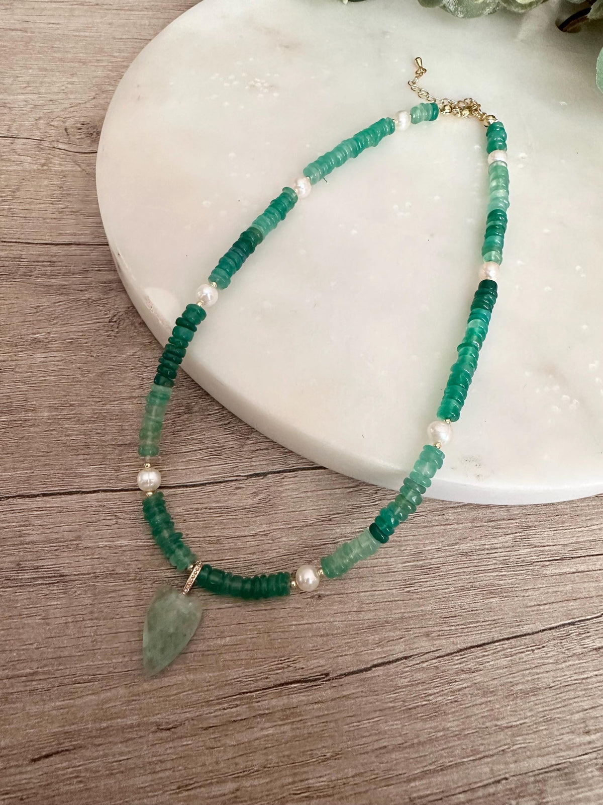 Natural Green Onyx Heishi Beaded Necklace with Freshwater Pearls and Aventurine Heart