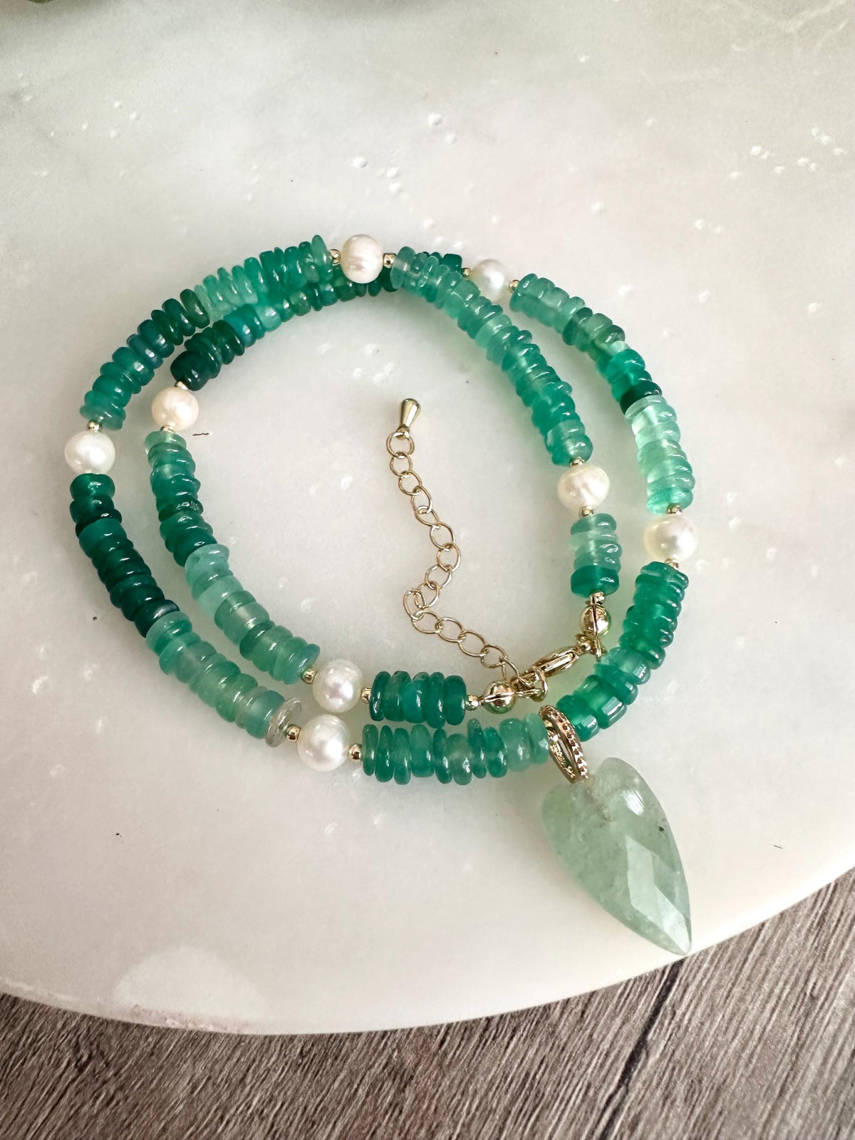Natural Green Onyx Heishi Beaded Necklace with Freshwater Pearls and Aventurine Heart