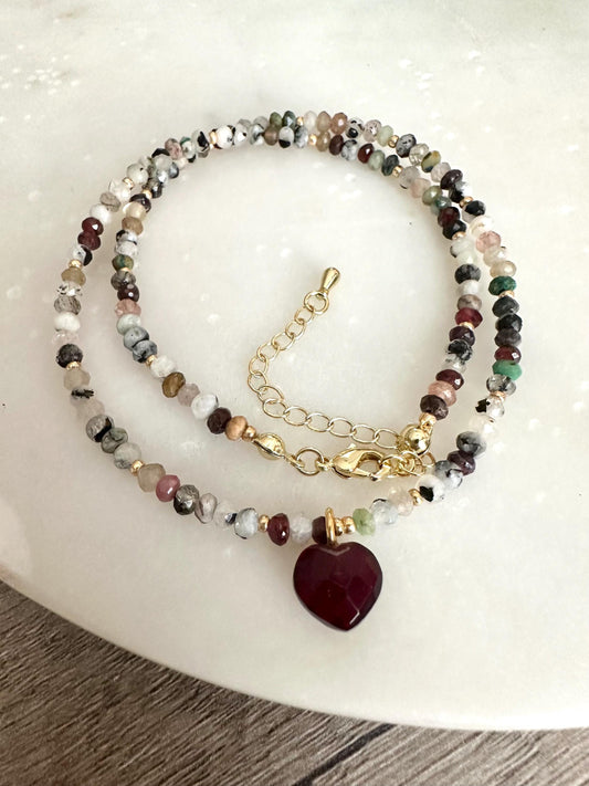 Garnet Heart Necklace, Multi Gemstone Beaded Necklace, Gold Filled Dainty Necklace, Valentine Gift, Handmade Jewelry