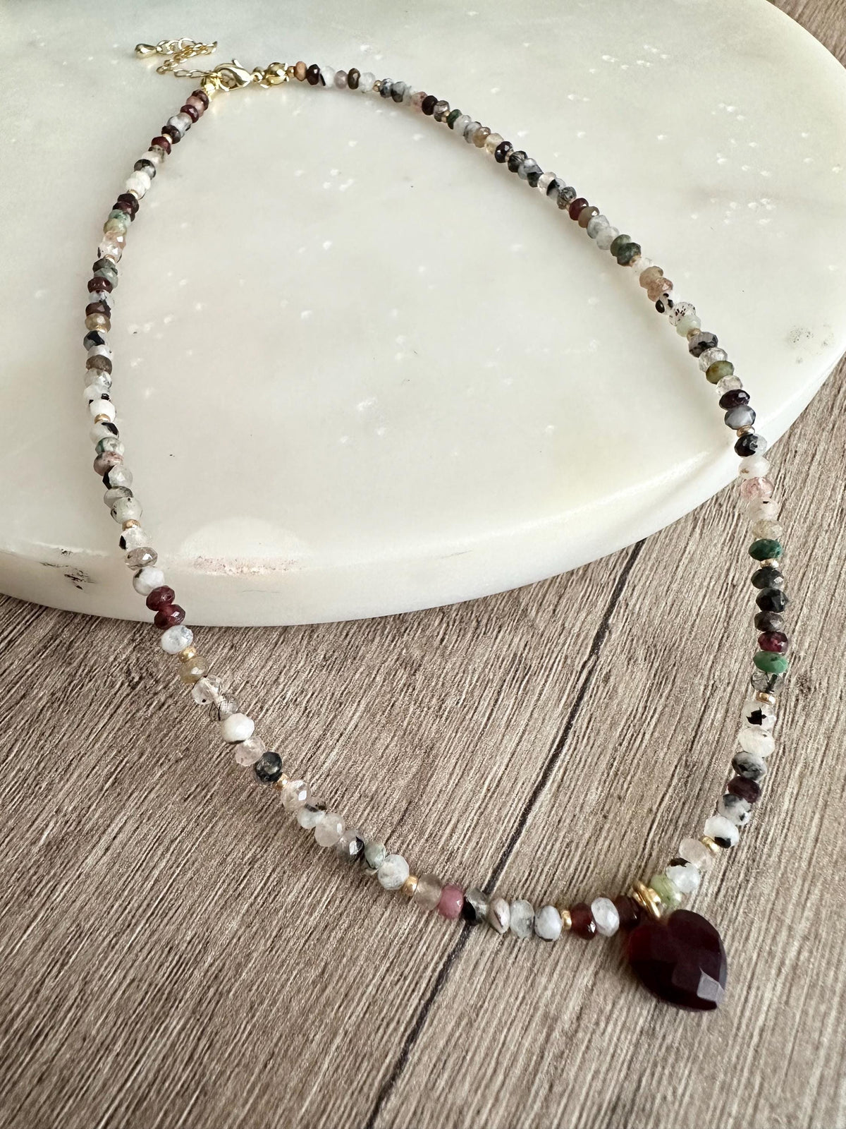 Garnet Heart Necklace, Multi Gemstone Beaded Necklace, Gold Filled Dainty Necklace, Valentine Gift, Handmade Jewelry