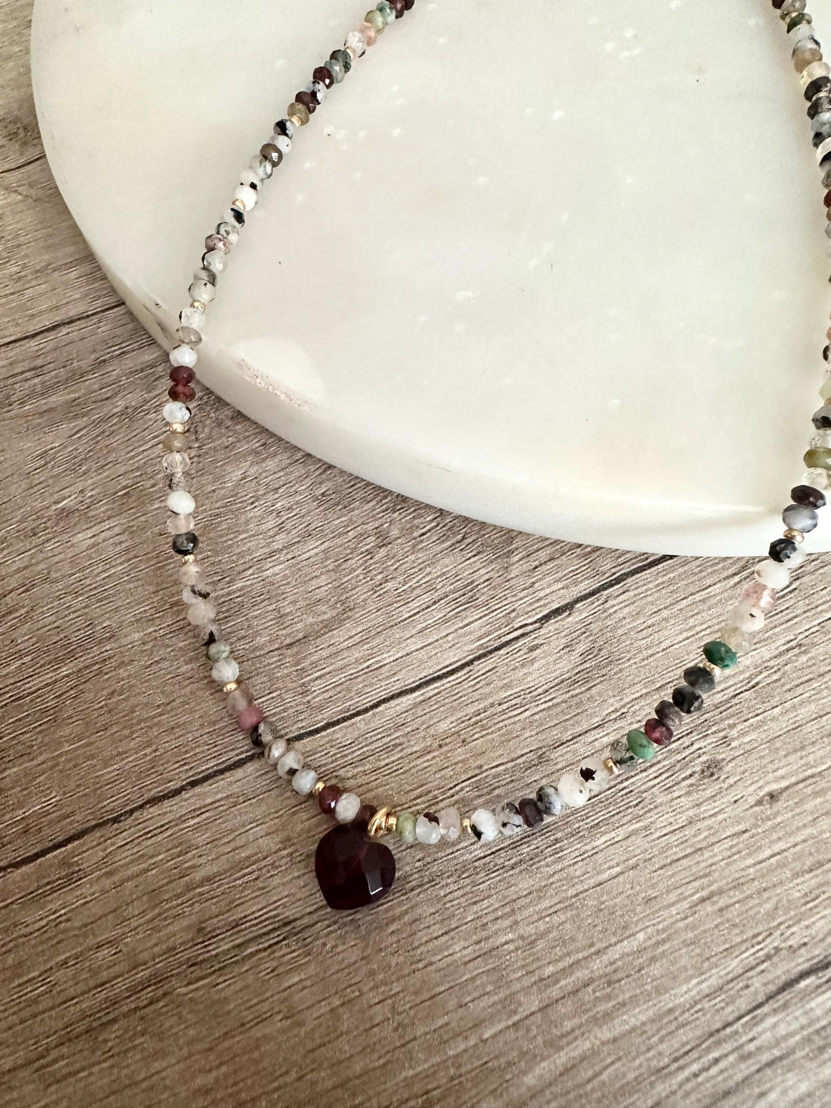 Garnet Heart Necklace, Multi Gemstone Beaded Necklace, Gold Filled Dainty Necklace, Valentine Gift, Handmade Jewelry