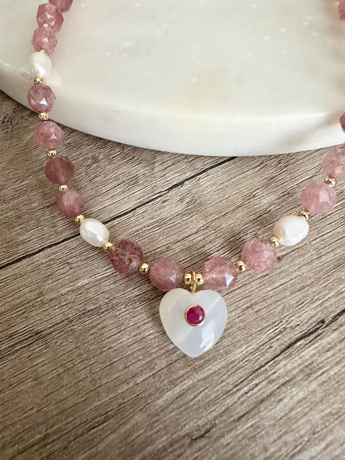 Natural Strawberry Quartz Necklace with Moonstone Heart Pendant, Freshwater Pearls, Gold Filled Jewelry