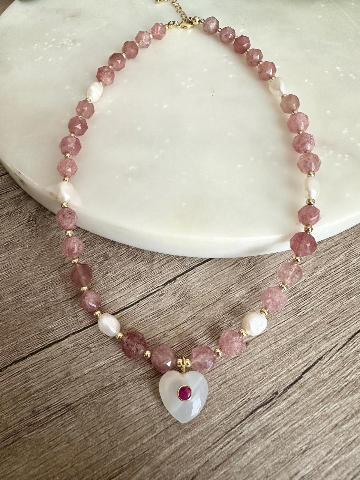 Natural Strawberry Quartz Necklace with Moonstone Heart Pendant, Freshwater Pearls, Gold Filled Jewelry