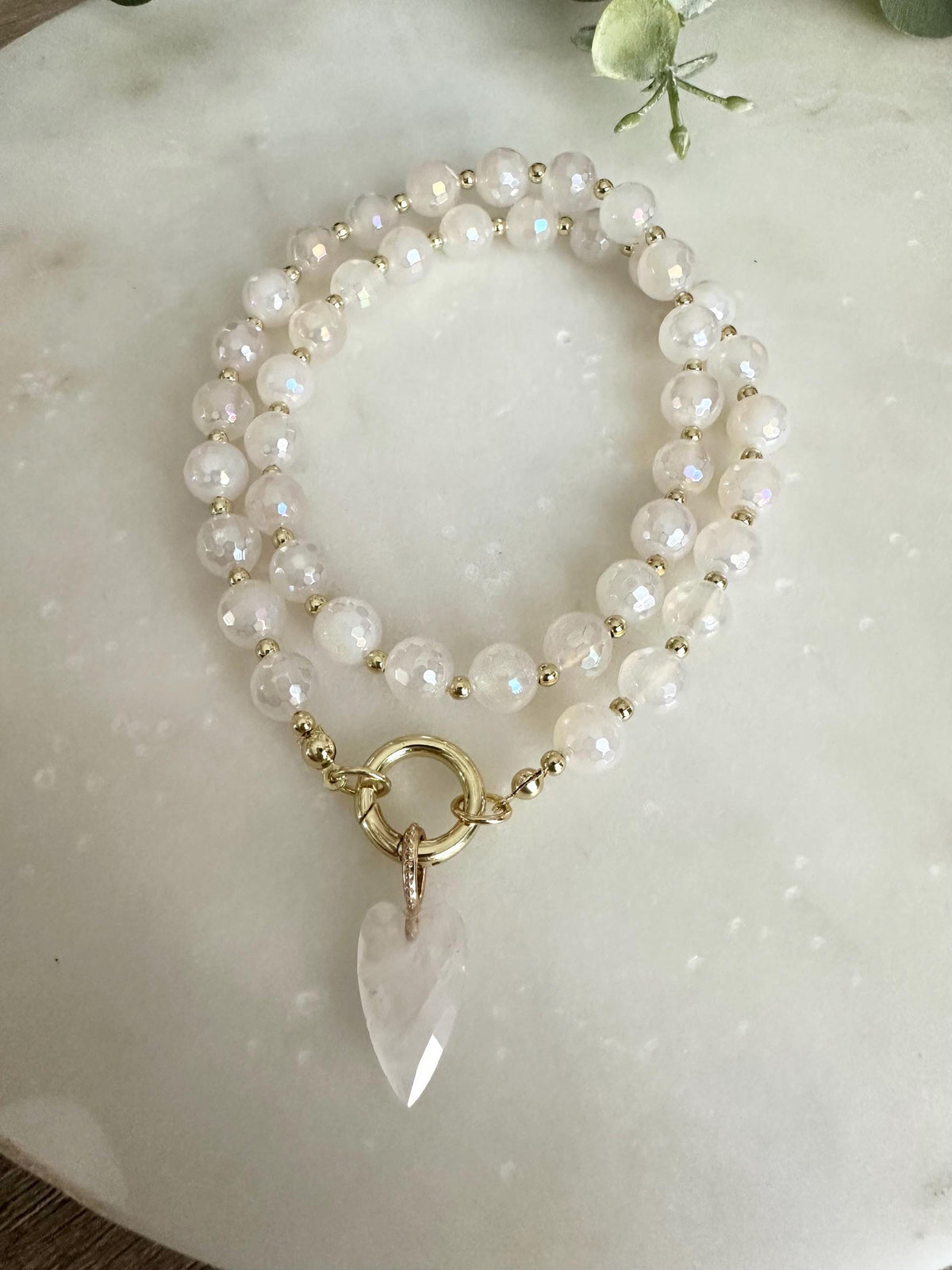 White Mystic Agate Beaded Necklace with Quartz Heart Pendant, Gold Filled 18” Romantic Gemstone Jewelry