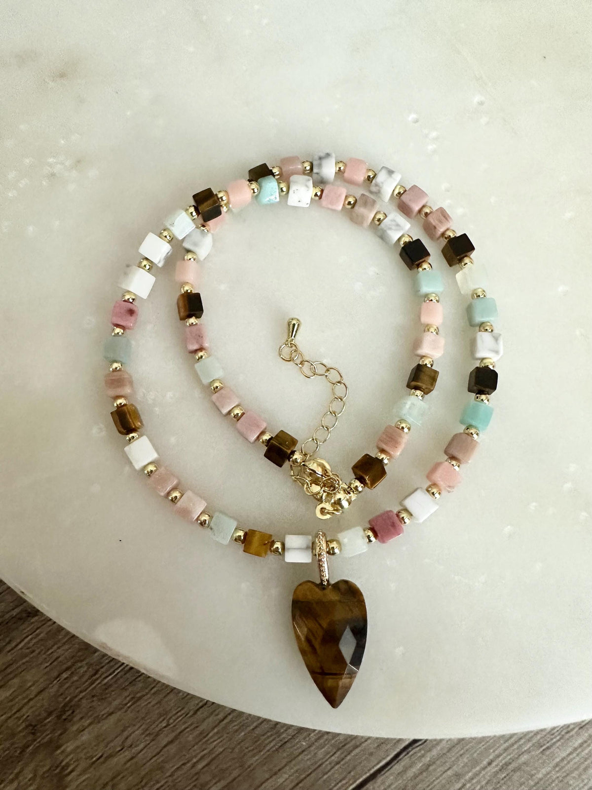 Tiger’s Eye Heart Necklace, Multi Gemstone Cube Beads, Gold Filled Necklace, Handmade Jewelry