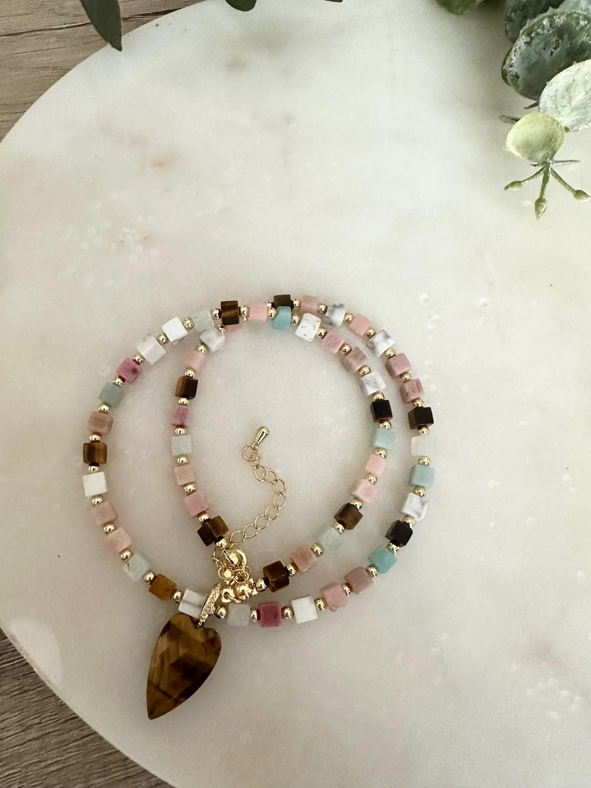 Tiger’s Eye Heart Necklace, Multi Gemstone Cube Beads, Gold Filled Necklace, Handmade Jewelry