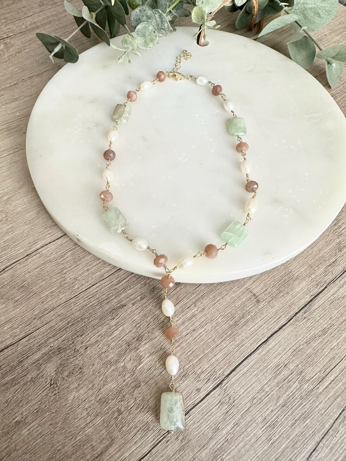 Peach Moonstone Lariat Necklace with Freshwater Pearls & Green Kyanite, Gold Necklace