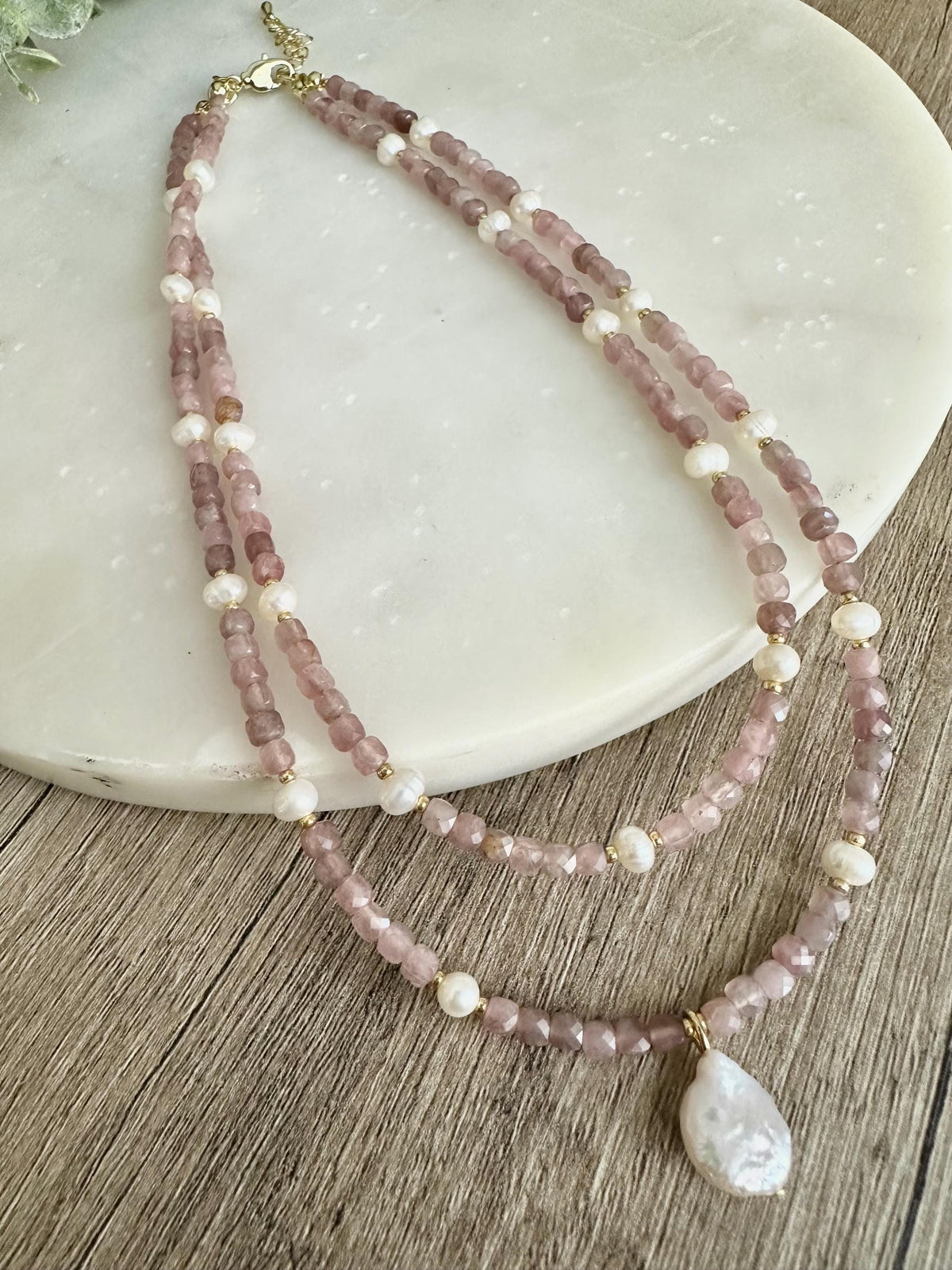 Double Strand Rose Quartz Necklace with Freshwater Pearls & Baroque Pearl Pendant