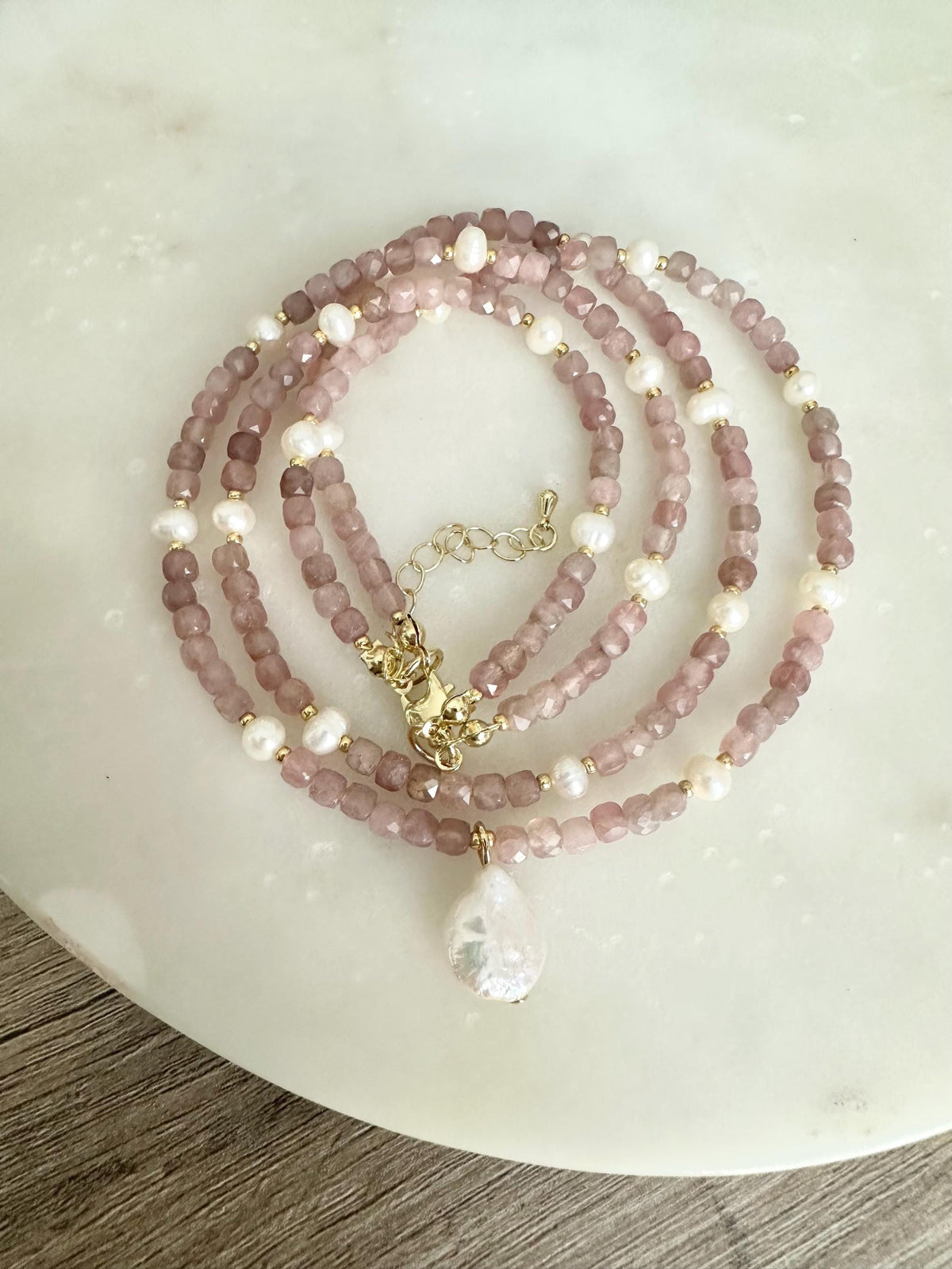 Double Strand Rose Quartz Necklace with Freshwater Pearls & Baroque Pearl Pendant