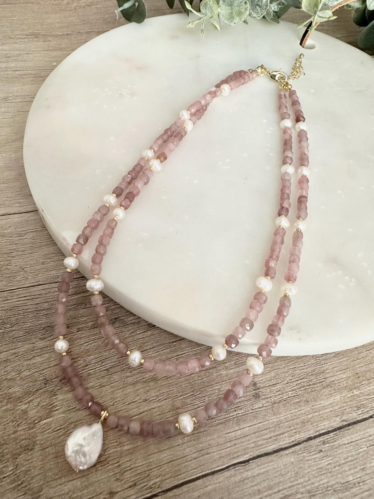 Double Strand Rose Quartz Necklace with Freshwater Pearls & Baroque Pearl Pendant