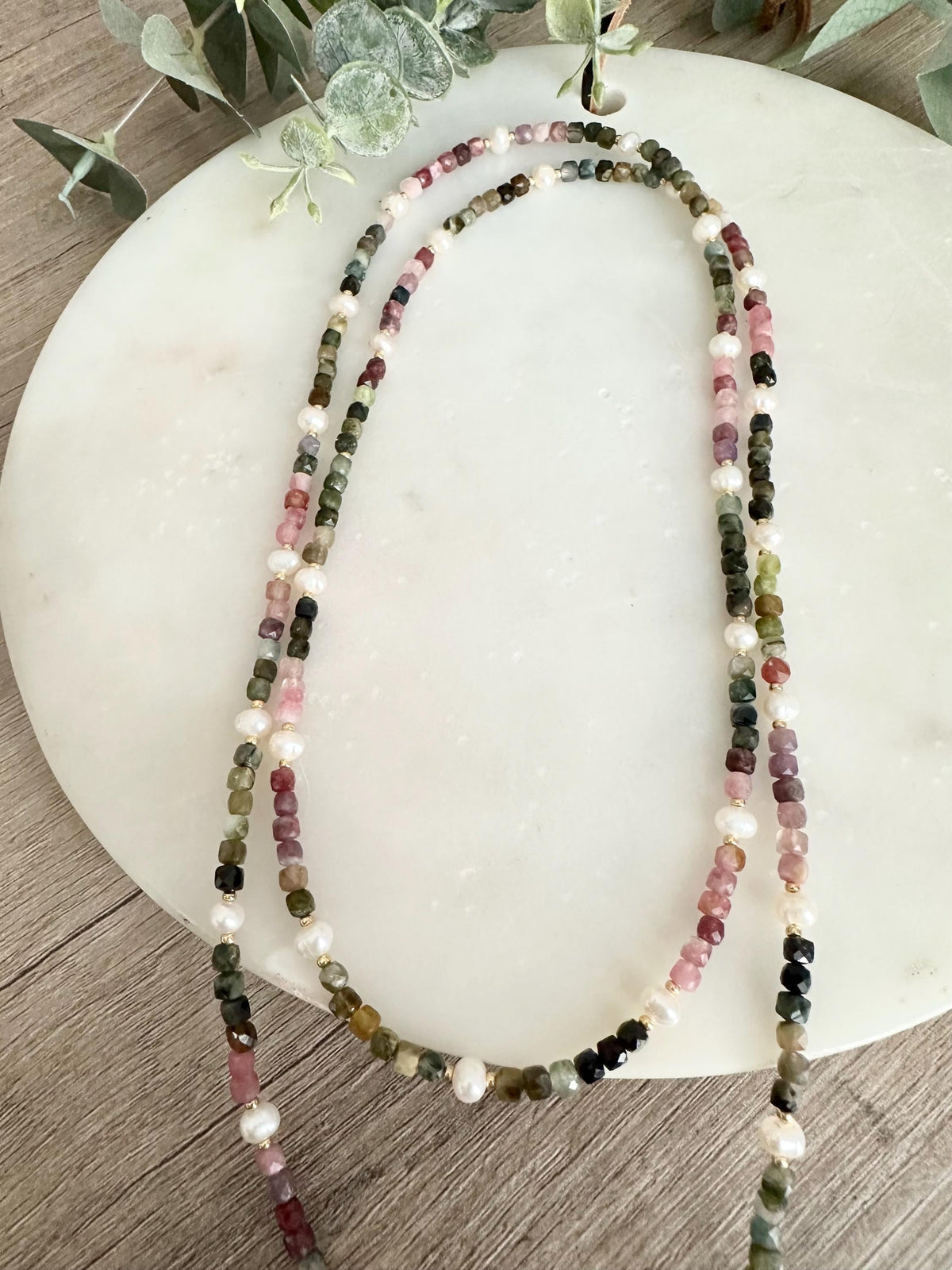 Tourmaline Wrap Necklace with Freshwater Pearls & Baroque Pearl Pendant