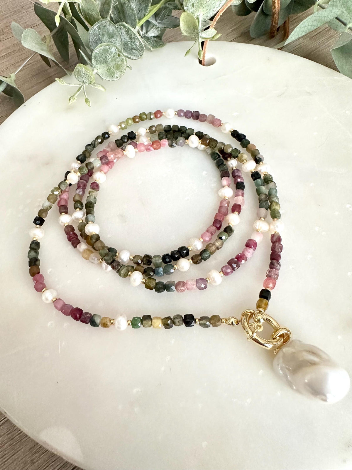 Tourmaline Wrap Necklace with Freshwater Pearls & Baroque Pearl Pendant