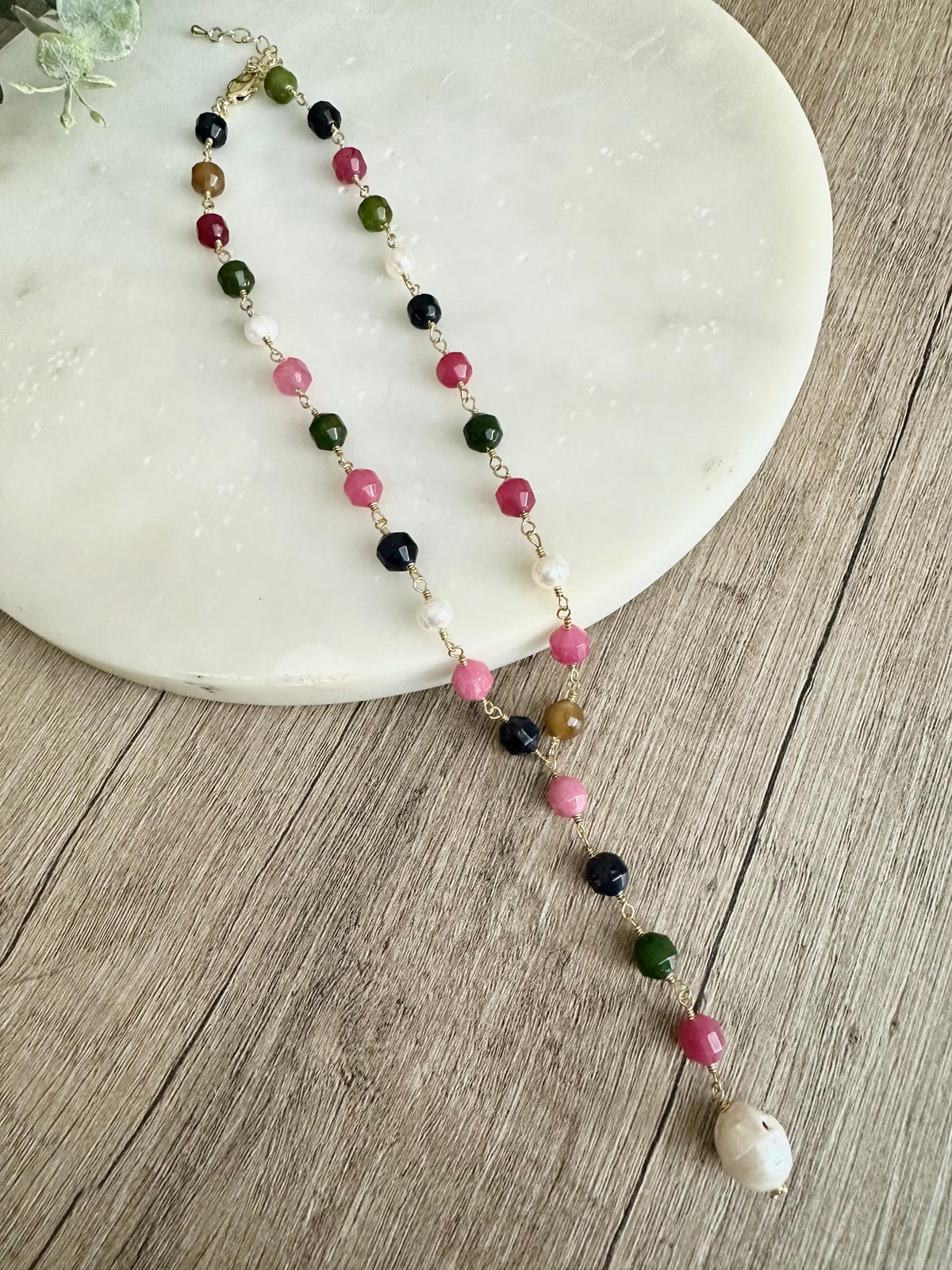 Multicolor Jade Lariat Necklace with Freshwater Pearls, Baroque Pearl Drop, Gold Necklace