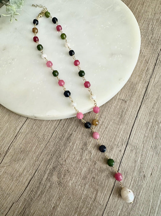 Multicolor Jade Lariat Necklace with Freshwater Pearls, Baroque Pearl Drop, Gold Necklace