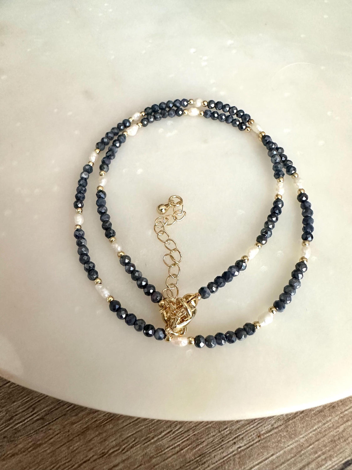 Blue Sapphire & Pearl Necklace – Delicate Faceted Sapphire Beads with Freshwater Pearls, Timeless Minimal Jewelry