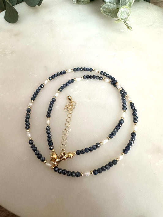 Blue Sapphire & Pearl Necklace – Delicate Faceted Sapphire Beads with Freshwater Pearls, Timeless Minimal Jewelry